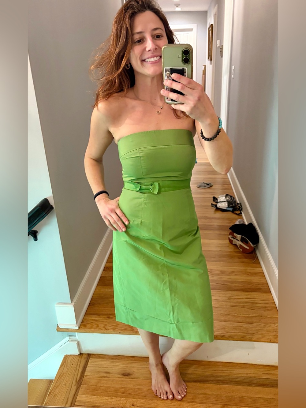 J.Crew Strapless Green Silk Midi Dress Bow Detail Size 2